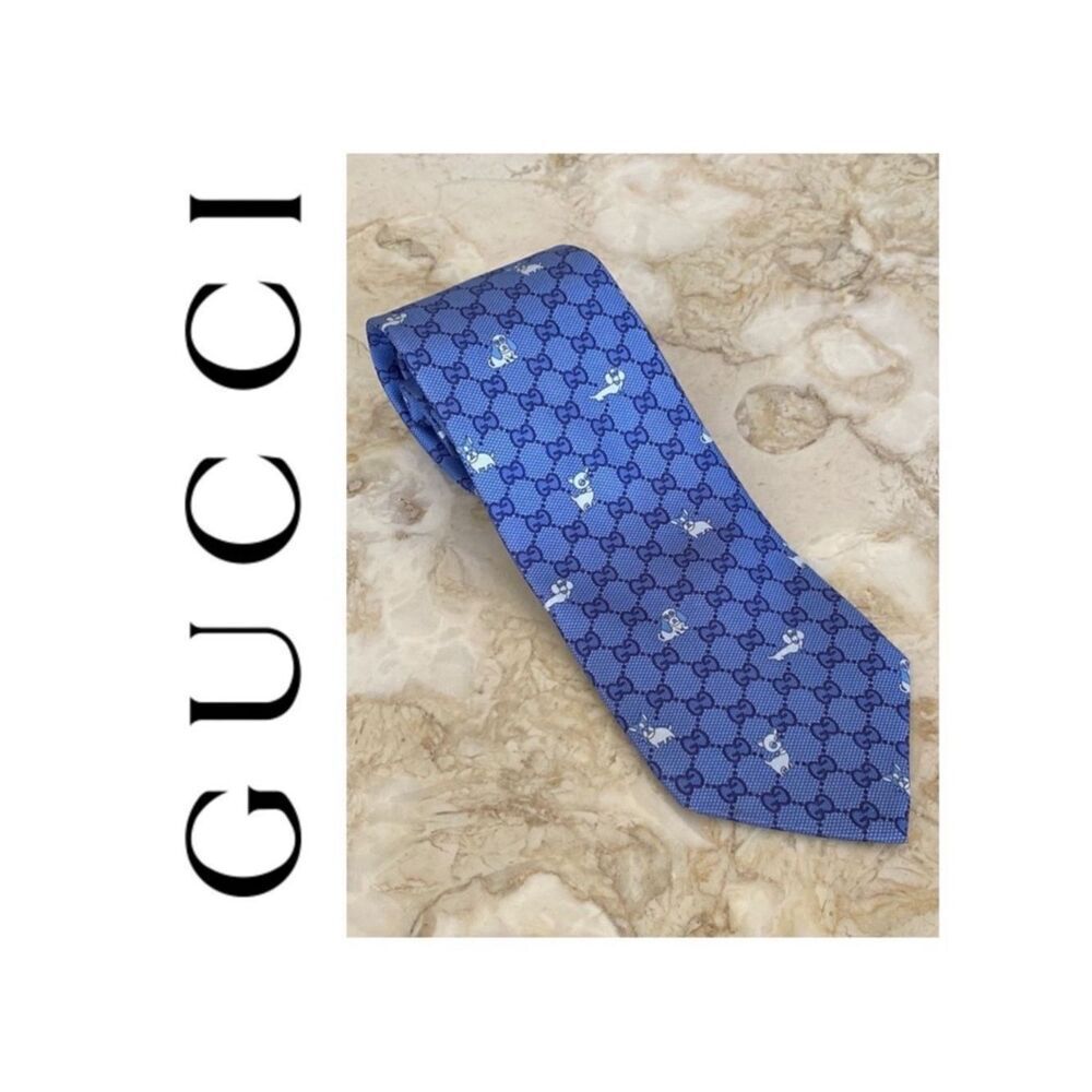 GUCCI Interlocking GG Dog Pattern Blue/Navy 100% Silk Tie